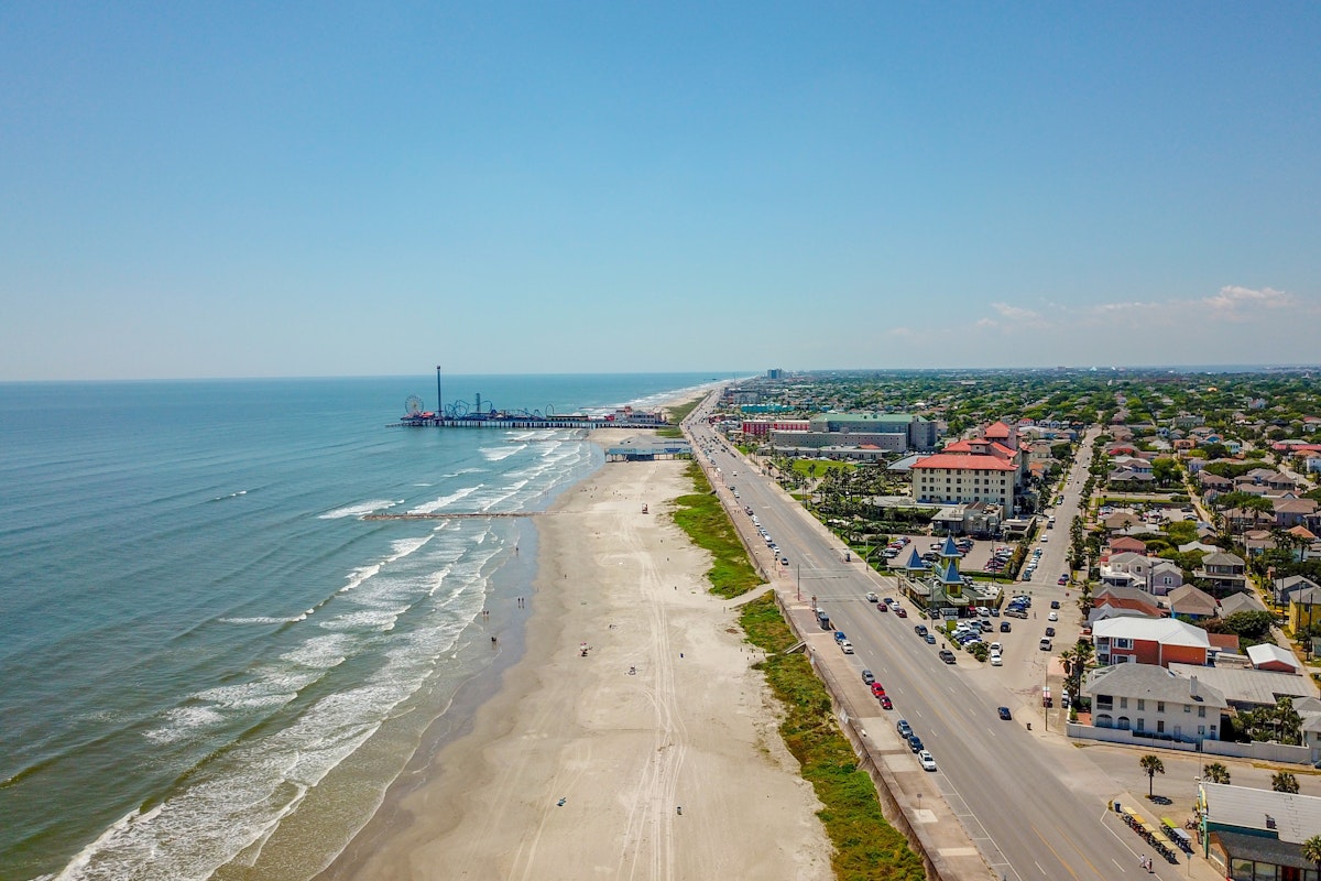 Galveston beach and Seawall viewed from above